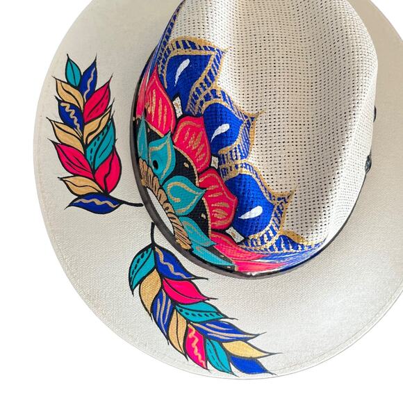 HAT MEXICAN Artisanal Hand Painted Fedora Mandala Sombrero Panama Bohemian White main image 10